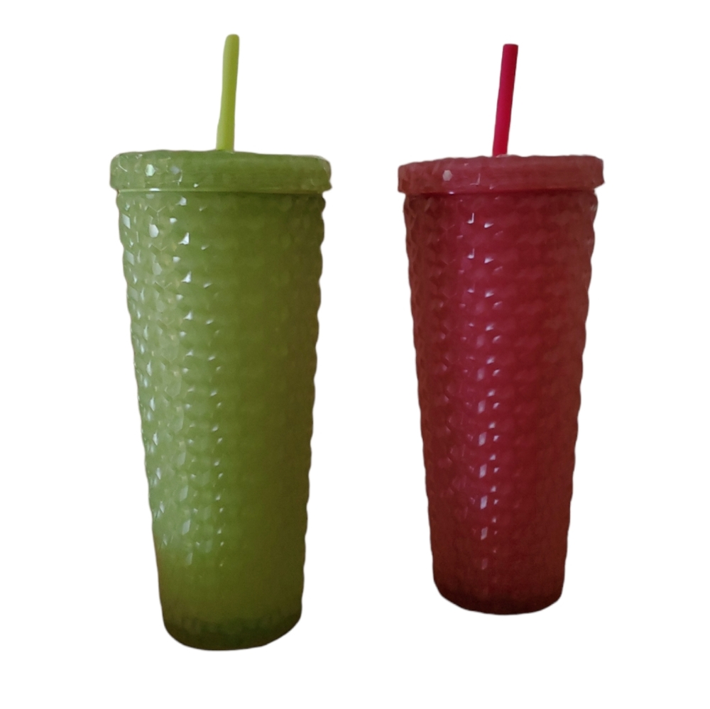 2 26 oz Travel Tumbler Double Walled Diamond Textured Studded Acrylic Straw